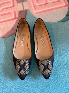 Manolo Blahnik Black Satin Pointed Flats with Crystal Buckles